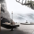 Serene Japanese Zen Garden With Pine Tree Mist Rocks And Stone Lantern Elements