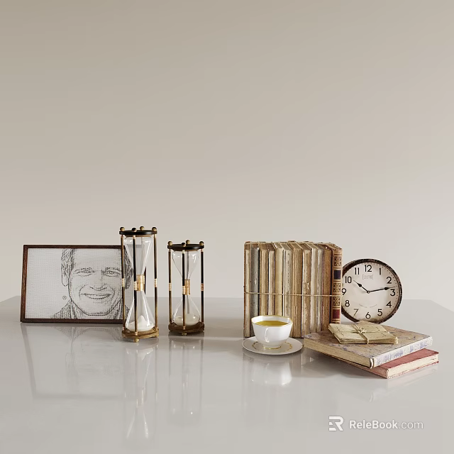 Decorative Ornament Set with Framed Sketch Hourglasses Decorative Books Clock Teacup and Saucer Stacked Papers 3d model 
