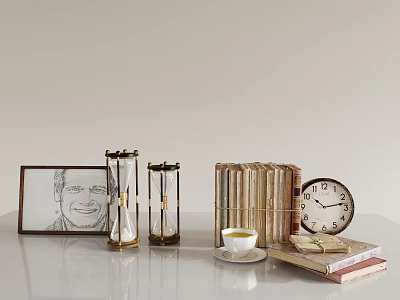 Decorative Ornament Set with Framed Sketch Hourglasses Decorative Books Clock Teacup and Saucer Stacked Papers 3d model