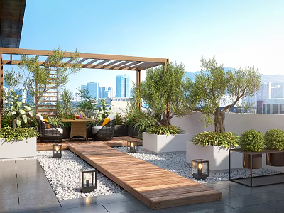 Rooftop Courtyard Garden Featuring Wooden Pergola Walkway Olive Trees Plants Seating Lanterns and City Skyline 3d model