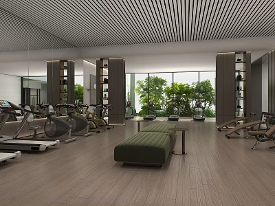 Spacious Modern Fitness Gym With Treadmills Exercise Bikes Large Windows And Green Plants 3d model