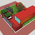 Industrial Equipment Red Container Featuring Balcony Glass Doors Green Plants And Store Cafe