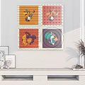 Four Panel Decorative Paintings With Abstract Animal Patterns And Light Shadow Effects On White Shelf 3d model