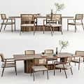 Modern Wooden Dining Table Set With Rattan Chairs And Green Plant Decor