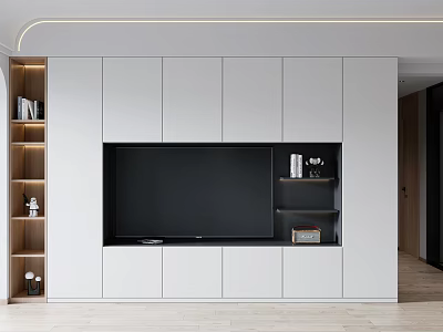 Modern TV Wall Cabinet With White Panels Black Screen And Open Shelves 3d model