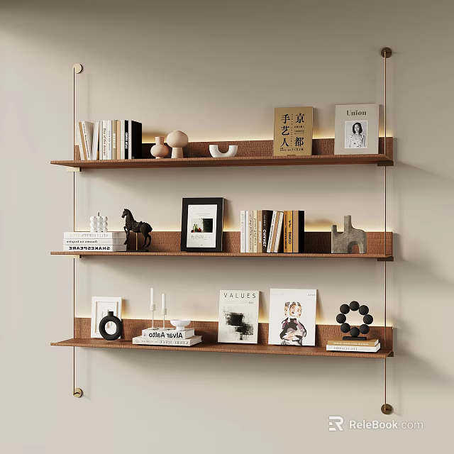 Wooden Wall Mounted Shelves With Books Photo Frames And Decorative Figurines 3d model 