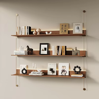 Wooden Wall Mounted Shelves With Books Photo Frames And Decorative Figurines 3d model