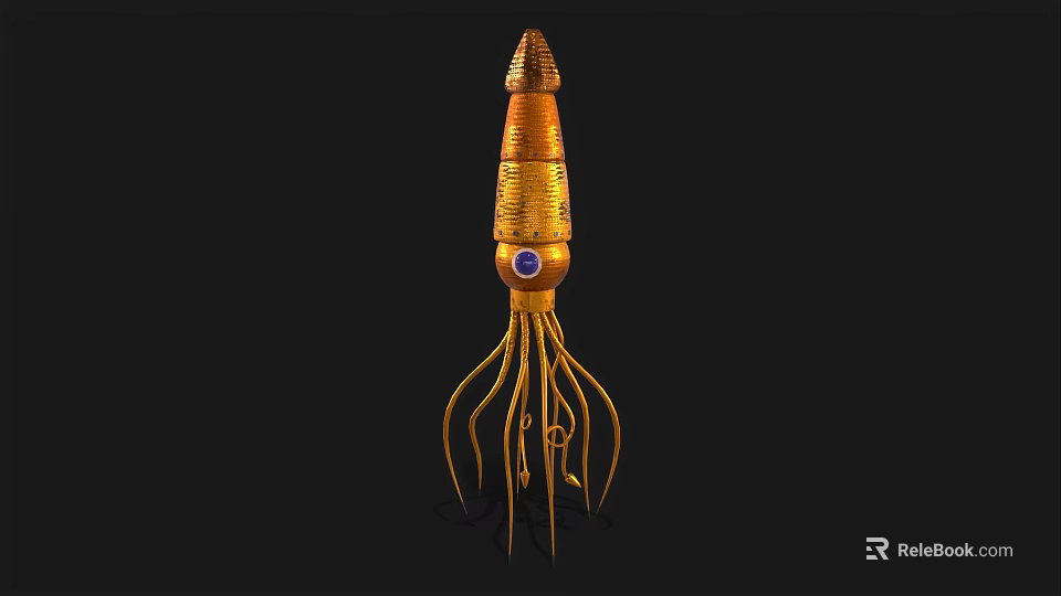 Golden Squid Shaped Decorative Artwork With Long Tentacles And Blue Eye 3d model 
