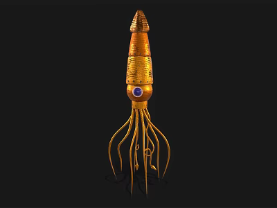 Golden Squid Shaped Decorative Artwork With Long Tentacles And Blue Eye 3d model