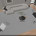 Modern Sofa Coffee Table Combination With Upholstered Sofa Black Table Potted Plant And Area Rug