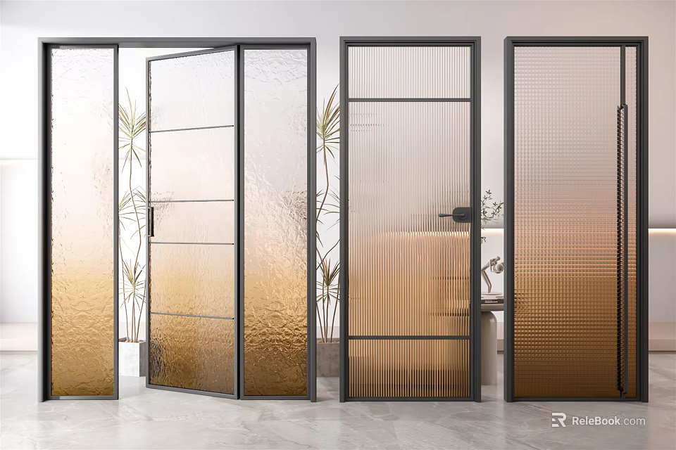 Modern Sleek Swing Doors With Metal Frames And Textured Glass Panels 3d model