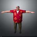 3D Model of Male Character Wearing Red Floral Shirt with Clover Pattern and Outstretched Arms