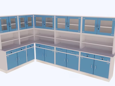 Blue And White Laboratory Storage Cabinets With Glass Doors And Combined Shelving 3d model