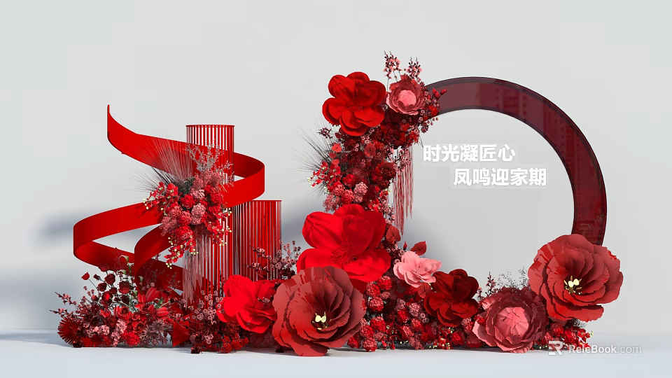 Elegant Red Themed Photo Check In Spot With Floral Arrangements And Ribbon Decorations 3d model 