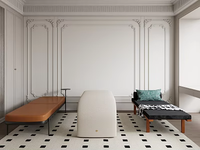 White Curved Stool in Room with Decorative Wall Panels Checkered Carpet and Wooden Benches 3d model