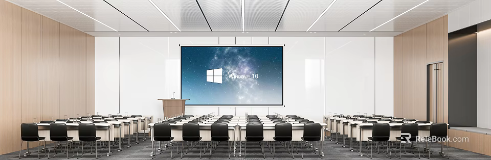 Modern Conference Room With Large Windows 10 Screen Long Tables Black Chairs And Podium 3d model 