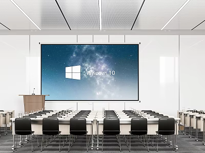 Modern Conference Room With Large Windows 10 Screen Long Tables Black Chairs And Podium 3d model