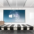 Modern Conference Room With Large Windows 10 Screen Long Tables Black Chairs And Podium