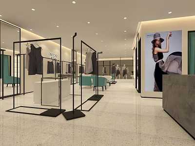 Modern Spacious Clothing Store Interior With Clothing Racks Display Shelves And Fashion Poster 3d model