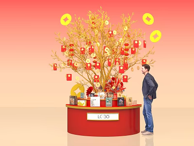 Floral Installation with Decorative Tree Red Lanterns and Gold Ornaments on Red Base 3d model