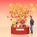 Floral Installation with Decorative Tree Red Lanterns and Gold Ornaments on Red Base