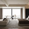Modern Minimalist Bedroom With Large Bed Gray Rug Black Coffee Table And Wooden Accent Wall