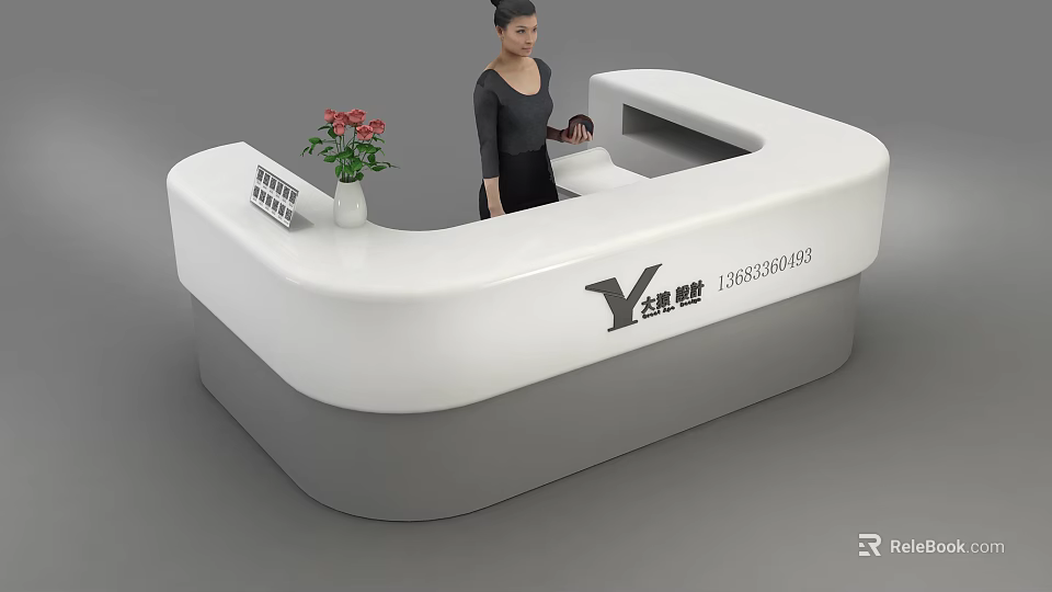 White Modern Reception Desk With Company Logo Flower Vase And Red Flowers Staff Standing 3d model 