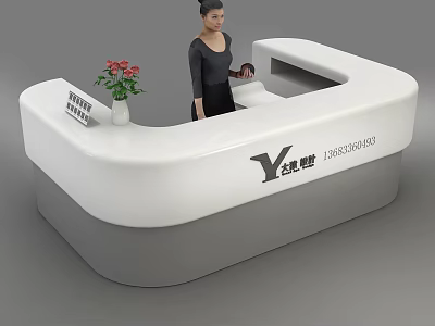 White Modern Reception Desk With Company Logo Flower Vase And Red Flowers Staff Standing 3d model