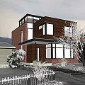 Detached Villa With Red Brick Dark Wooden Exterior Large Windows Snowy Landscape And Trees