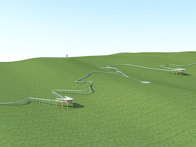 Winding White Road Facilities on Green Grassland With Curves Connected Platforms and Distant Tower 3d model