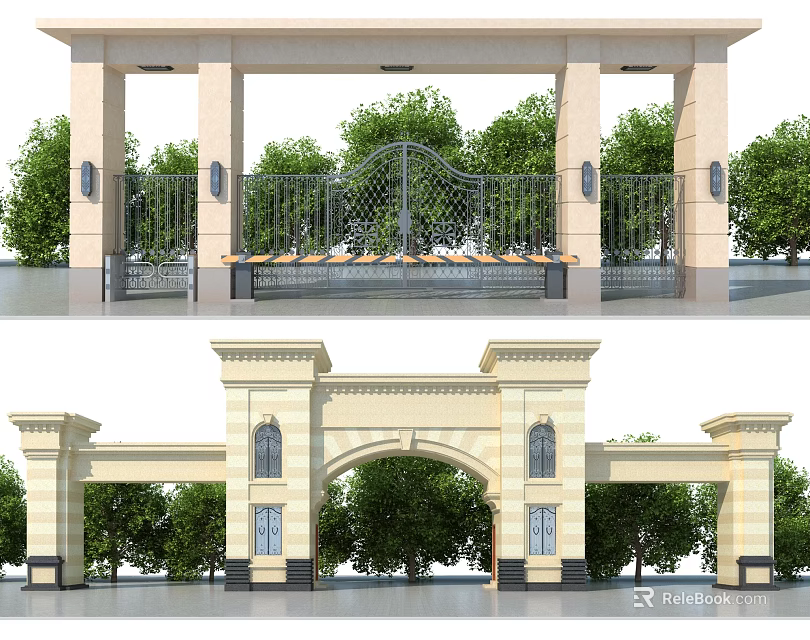 Elegant Entrance Gate With Stone Columns Arch Design Iron Fence And Landscaped Trees 3d model 