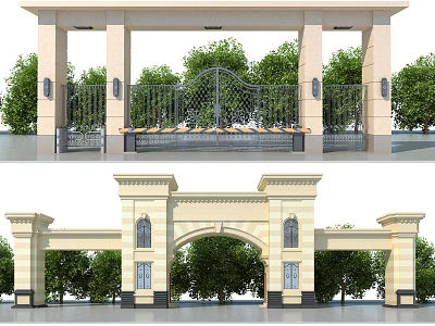 Elegant Entrance Gate With Stone Columns Arch Design Iron Fence And Landscaped Trees 3d model