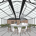 Glasshouse Structure With Transparent Glass Roof Indoor Outdoor Terrace Tables Chairs And Plants