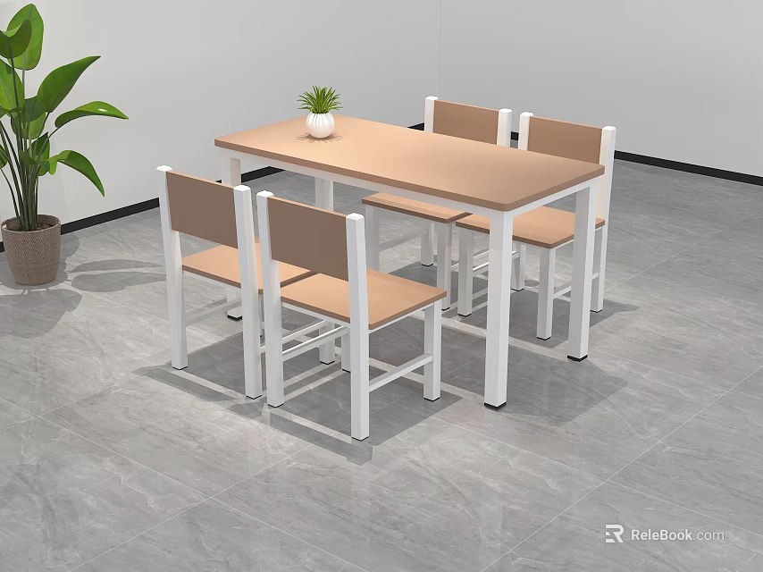 Dining Table and Chairs Set with Light Wood Top White Frame and Brown Cushioned Seats 3d model 