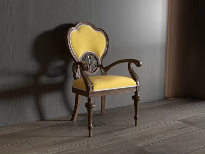 Elegant Leisure Chair with Yellow Cushion Dark Wooden Frame and Carved Design 3d model