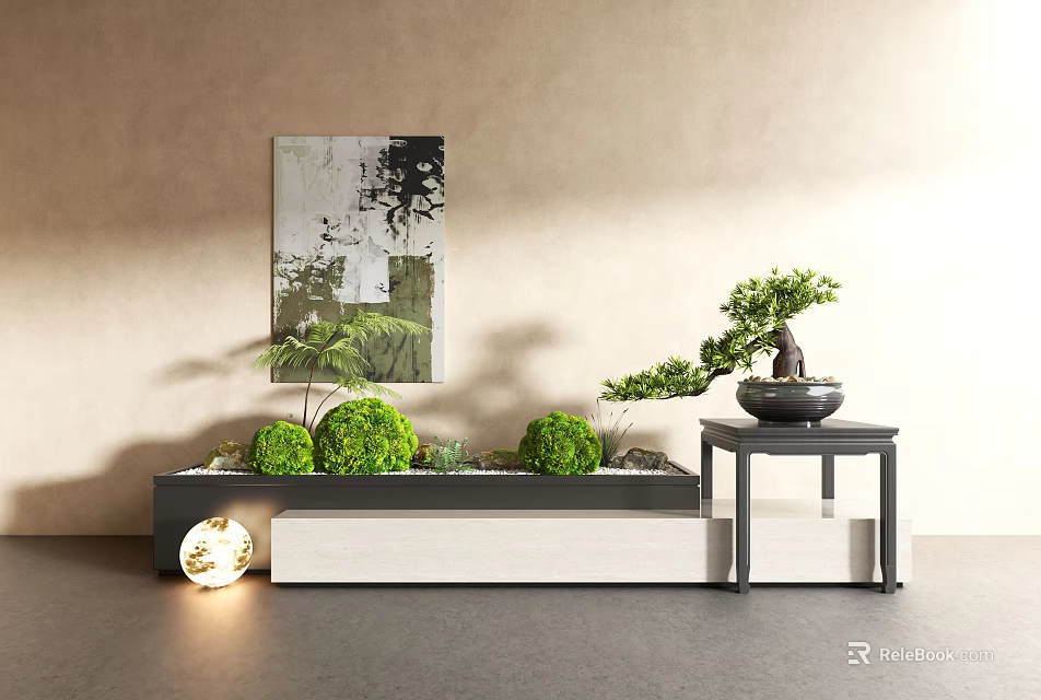 Bonsai Plant With Green Spherical Plants Black Table Beige Wall Painting Gray Floor Round Lamp 3d model 