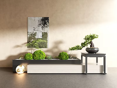 Bonsai Plant With Green Spherical Plants Black Table Beige Wall Painting Gray Floor Round Lamp 3d model