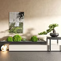 Bonsai Plant With Green Spherical Plants Black Table Beige Wall Painting Gray Floor Round Lamp