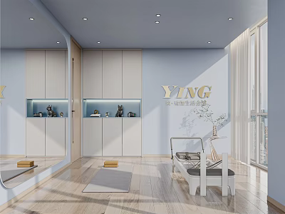 Modern Home Fitness Studio With Yoga Mat Mirrored Walls And Wooden Floors 3d model