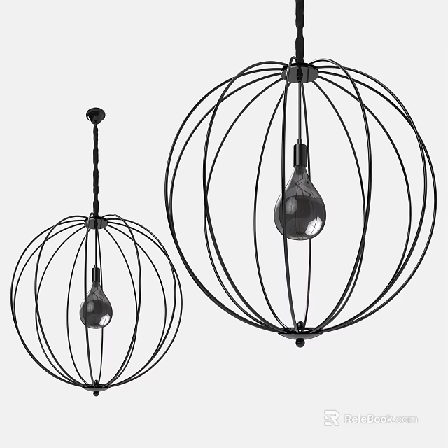 Modern Spherical Pendant Lights With Black Metal Wire Frame And Bulb 3d model 