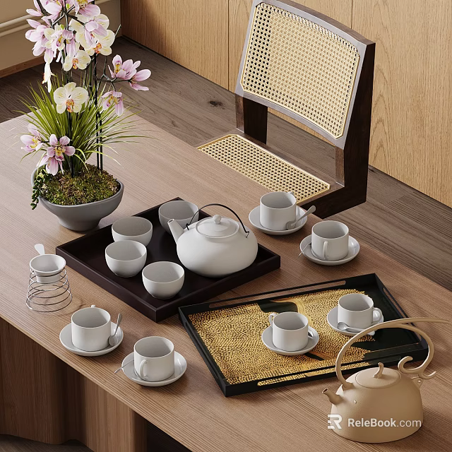 Elegant Tea Ceremony Set With White Teapot Teacups Trays And Orchid On Wooden Table 3d model 