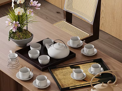 Elegant Tea Ceremony Set With White Teapot Teacups Trays And Orchid On Wooden Table 3d model