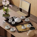 Elegant Tea Ceremony Set With White Teapot Teacups Trays And Orchid On Wooden Table