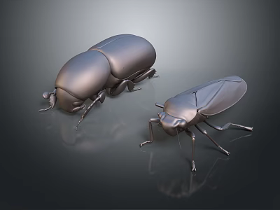 Two Metallic Beetles 3D Rendered With Shiny Shells On Dark Reflective Surface 3d model