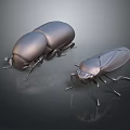 Two Metallic Beetles 3D Rendered With Shiny Shells On Dark Reflective Surface