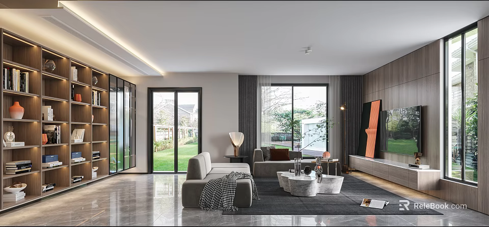 Modern Living Room Interior With Floor to Ceiling Windows Sofa and Area Rug 3d model 