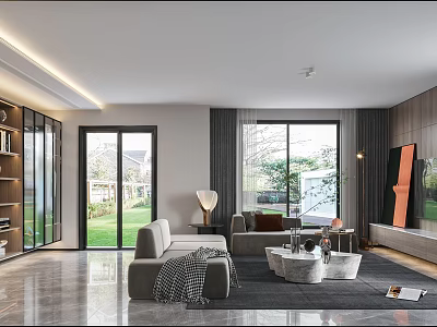 Modern Living Room Interior With Floor to Ceiling Windows Sofa and Area Rug 3d model