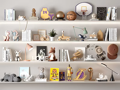 Decorative Ornament Set with Figurines Books Lamp Basketball Decor and Home Accents on White Shelves 3d model