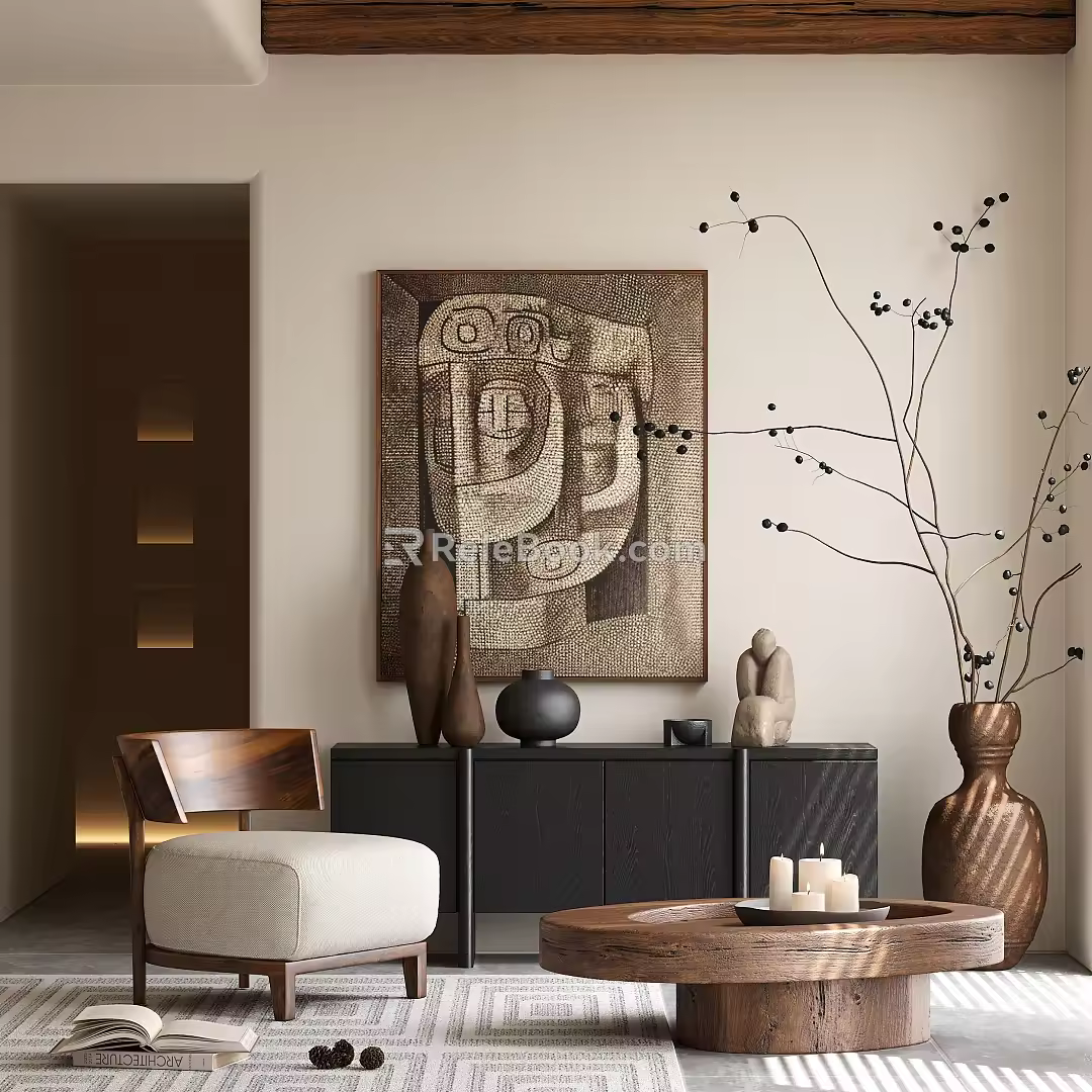 Quiet Tea Table Ancient Sofa Tea Table Combination Decorative Painting Side Cabinet Pottery Pot Ornaments Leisure Sofa 3d model