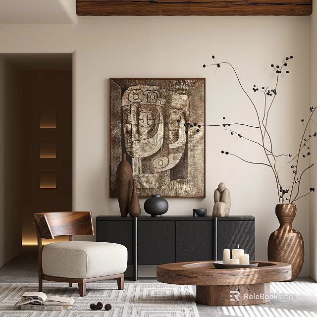 Wooden Coffee Table with Candles in Living Room with Abstract Painting Sculptures and Decorative Branch 3d model 